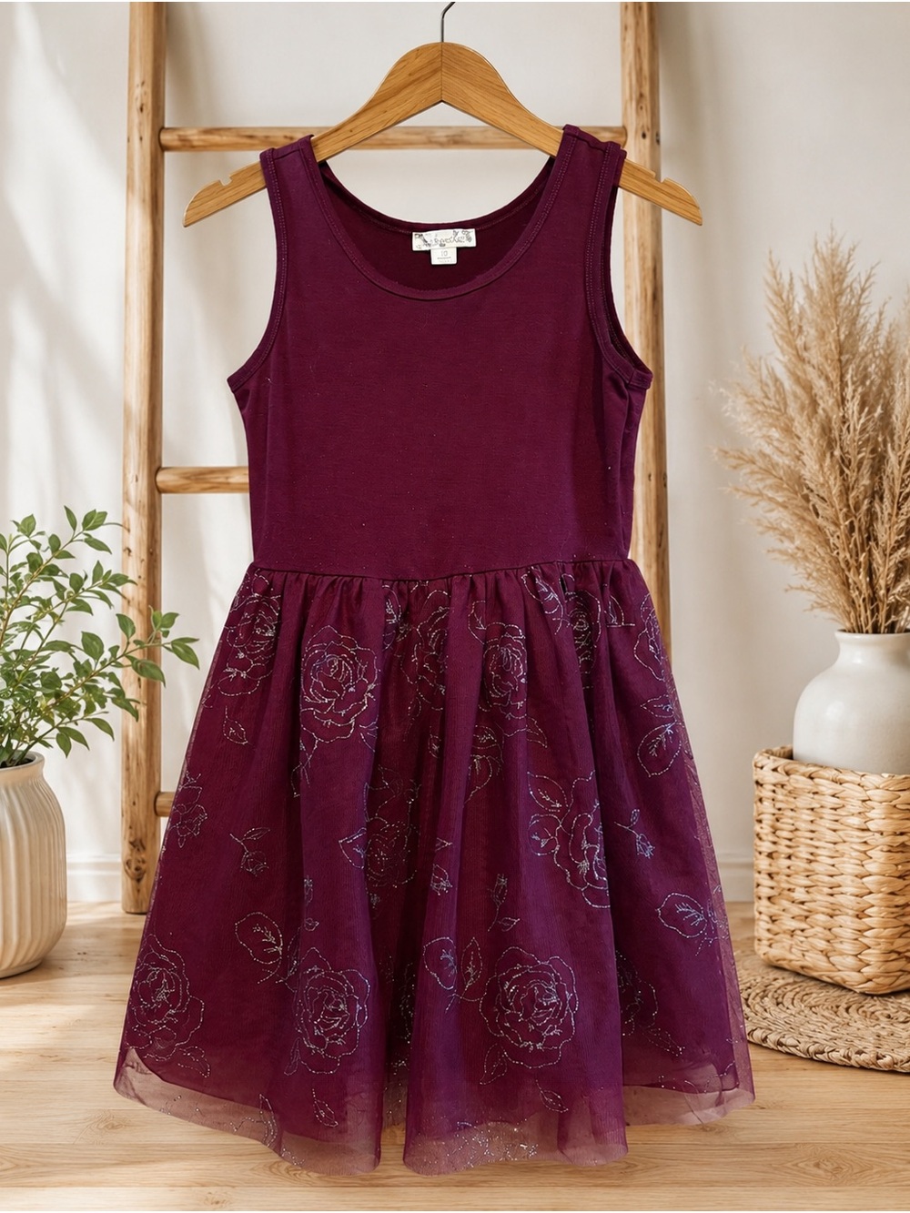 Knit Works Girls Burgundy Floral Tulle Dress Size 10 Sleeveless Party Dress